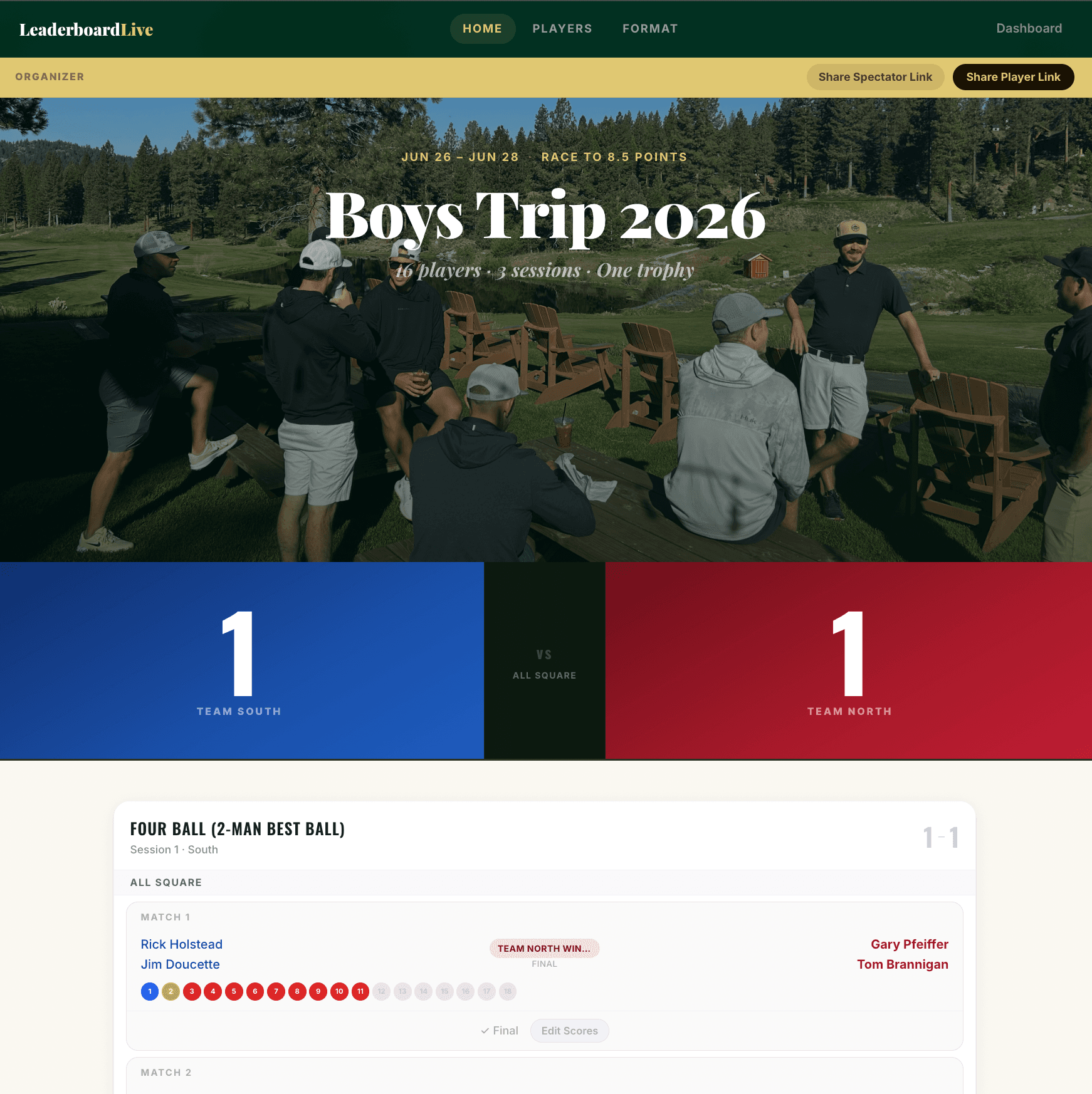 Live charity & outings leaderboard shared with players and spectators