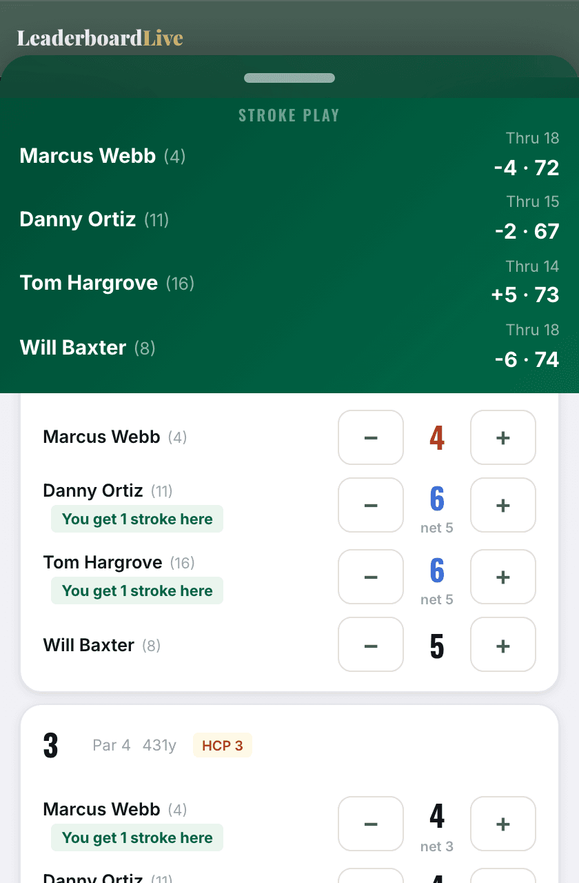 Hole-by-hole stroke entry with net scores