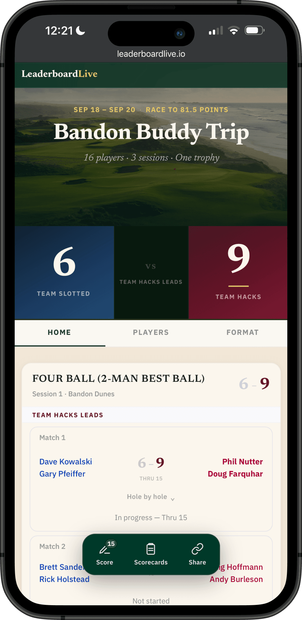 LeaderboardLive live golf leaderboard on a phone, showing match play results hole by hole